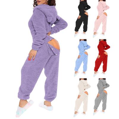 Women's Hood Long Sleeve Fuzzy Jumpsuit Loose Fit High Waist Back Button Open Onesie Casual Loungewear Romper