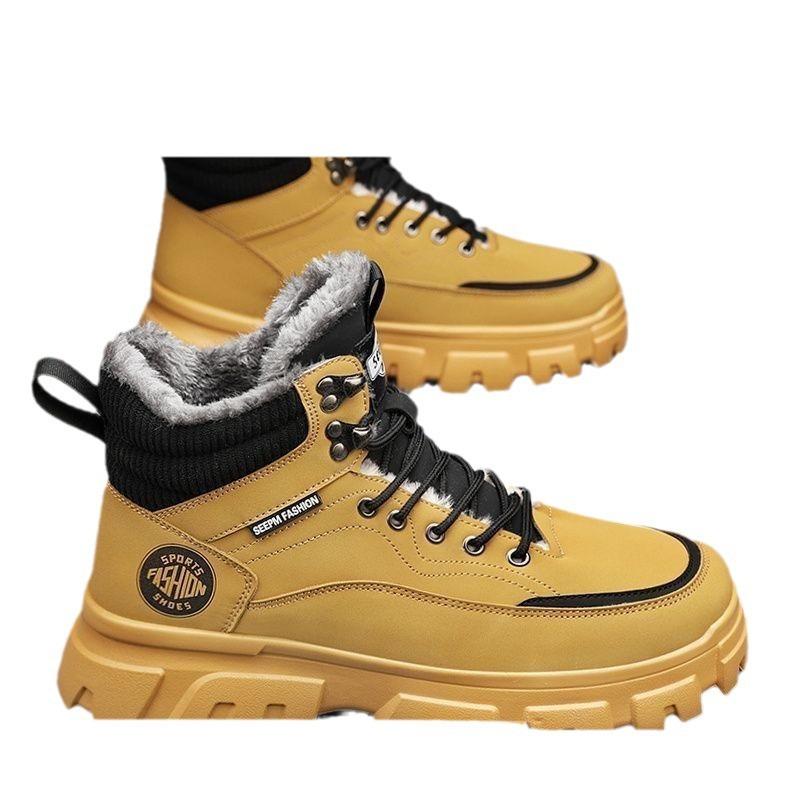 Men's Boots Plush 2024 Winter New Thick Soled Lace Up Workwear Shoes Trendy Cold Proof Warm Cotton Short Boots Botas Para Hombre