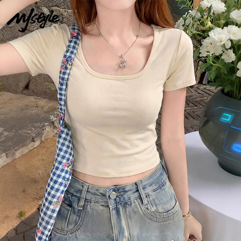 MJ STYLE Women's Square Neck Slim-Fit Short Sleeve T-Shirt