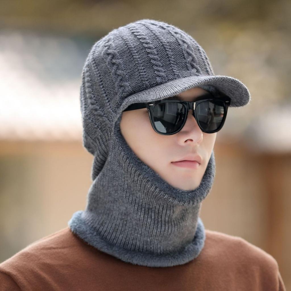 Men's Thickened Knitted Hat Autumn and Winter Outdoor Vest Set Cold Proof Wool Hat Plus Velvet Warm and Cold Hat