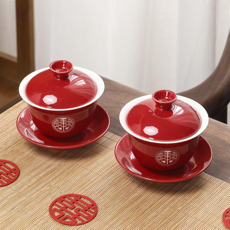 Красный керамический свадебный чайный сервиз: Счастливый чайник и чашки в подарок молодоженам