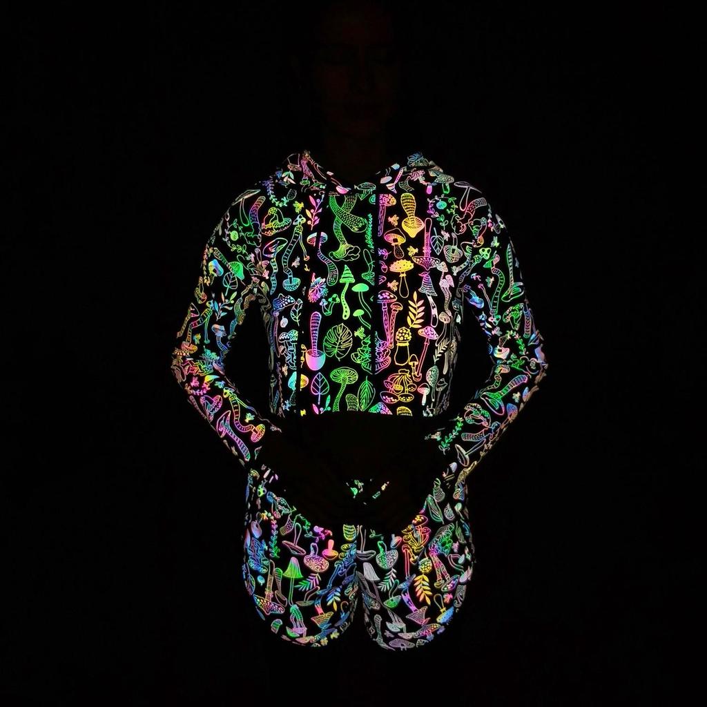 Women's Reflective Mushroom Print Hoodie - Trendy Colorful Pullover Top