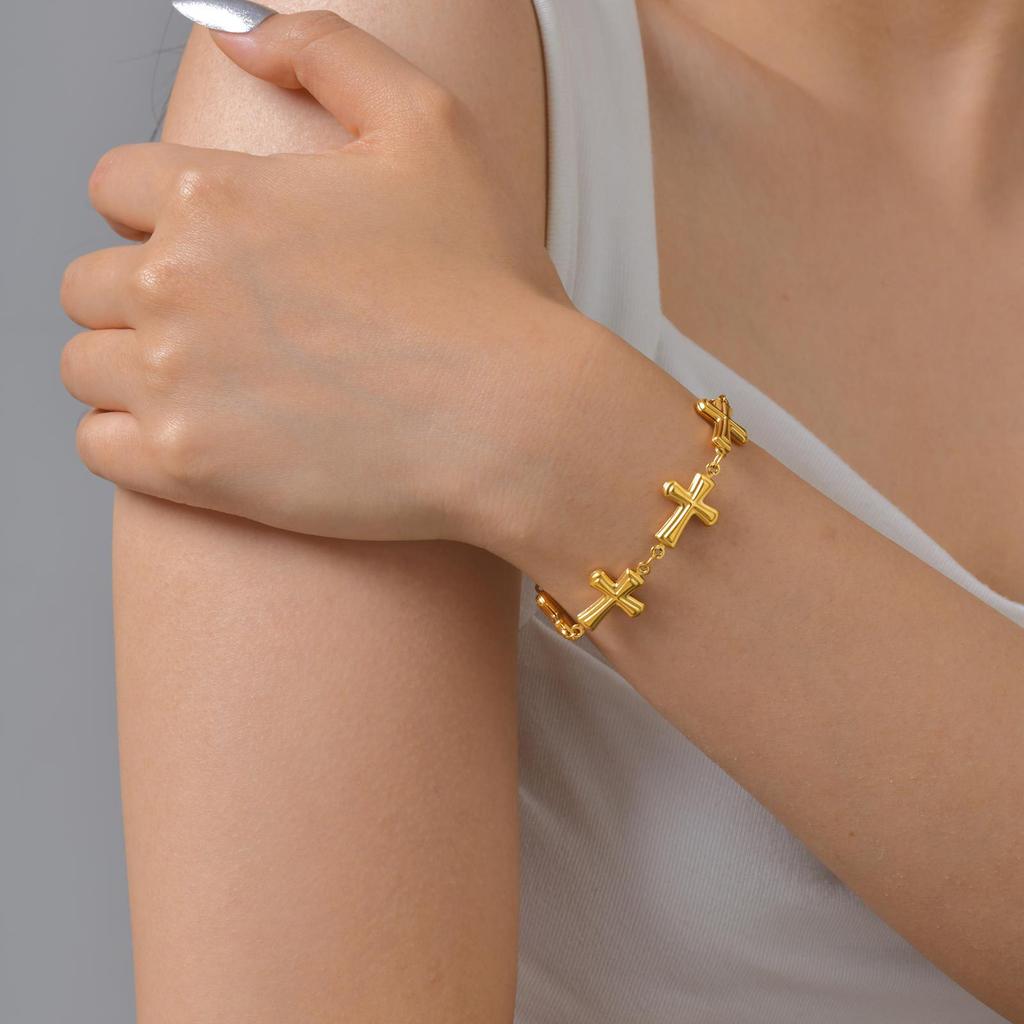 Fashion Stainless Steel Embossed Cross Bracelet Gold Ladies Accessories Jewelry 2475