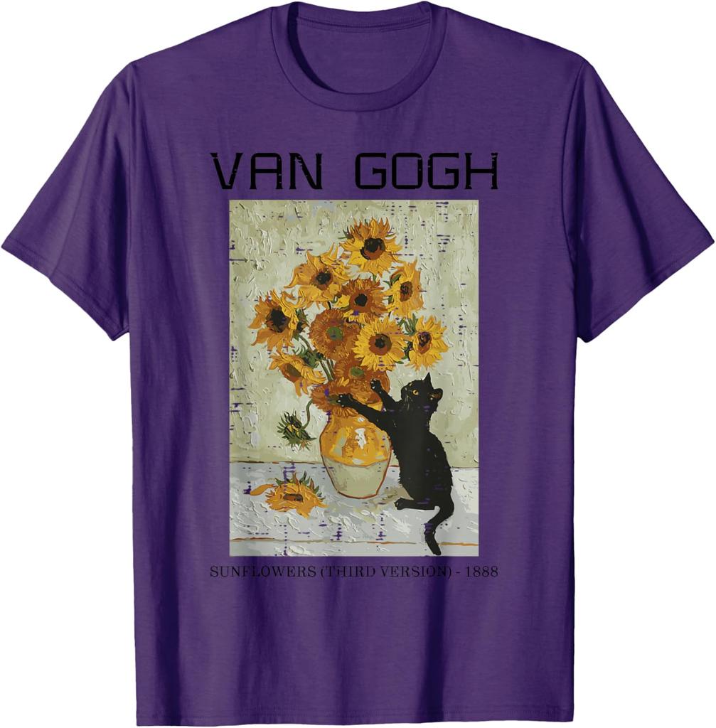 Van Gogh Sunflowers Cat Black Cat Art Graphic Tee Casual Short Sleeve TShirt for Men Women
