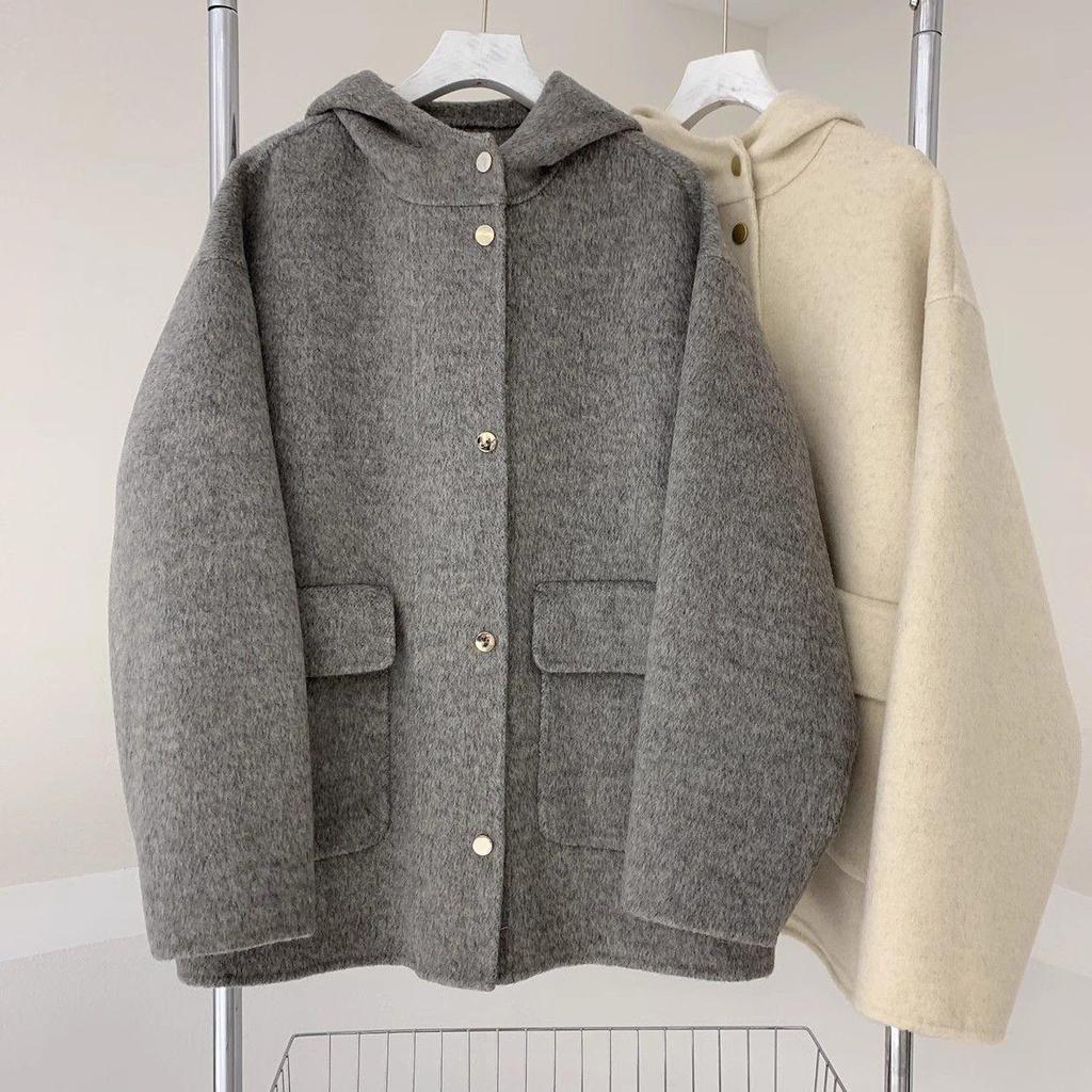 Plus Size Hooded Loose Wool Coat with Plush Lining - Women's Trendy Winter Cape Jacket.