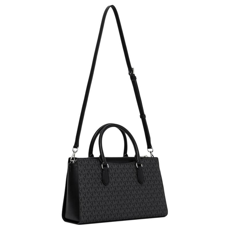 Michael Kors ARDEN Brand Letters All Over Printed Coated Canvas Shoulder Handbag Medium Size Women's Black