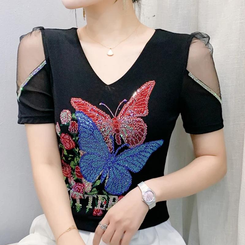 New European Brand Women's Clothes T-shirt Sexy V-Neck Luxury Butterfly Hot Diamonds Girls Tops Fashion Summer Short Sleeve Tees