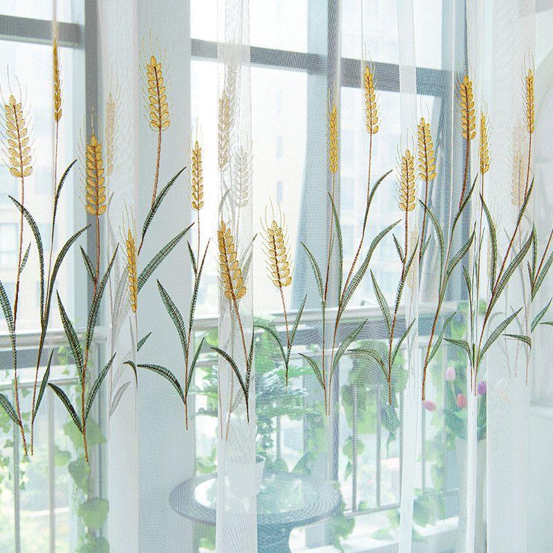 Cortinas de tule bordadas modernas com espigas de trigo para sala de estar, quarto, janela, cortina transparente, cortina, voile, decoração de cozinha personalizada