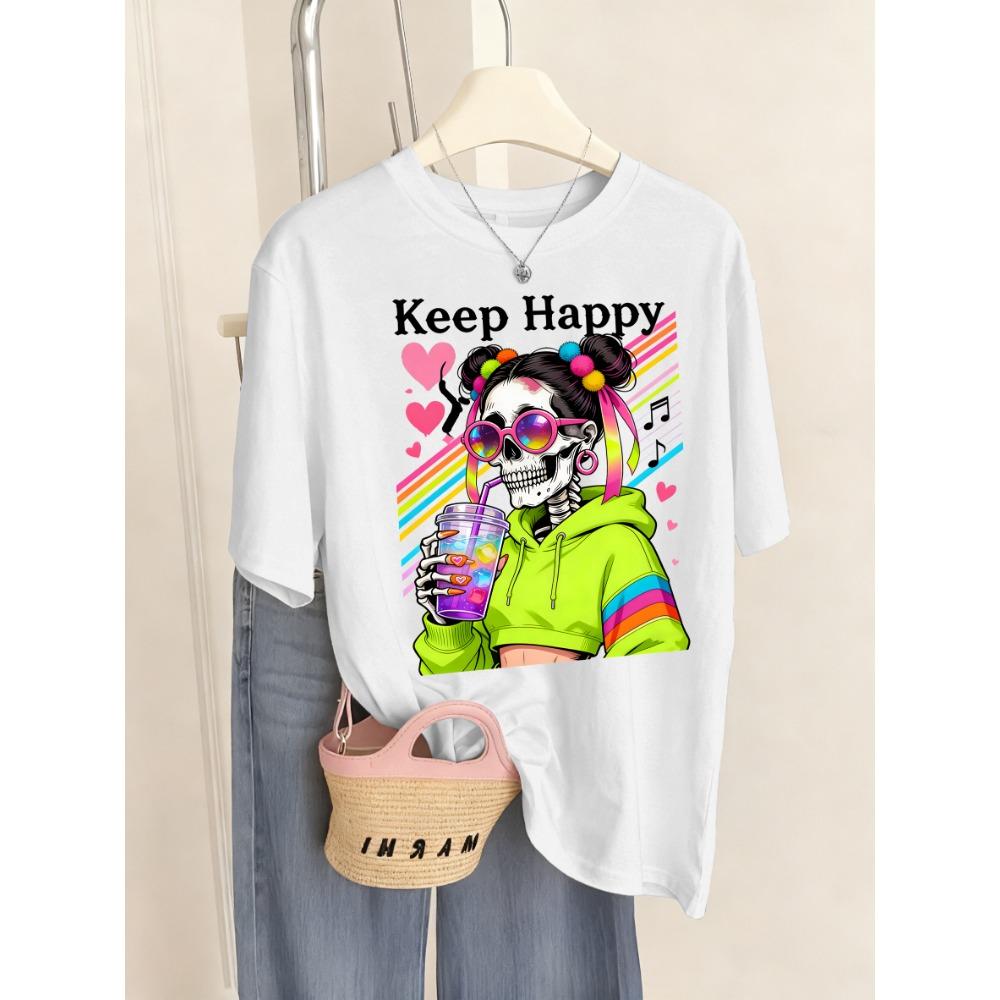 Keep Happy Colorful Drinks Skulls Print Women T Shirt Breathable O-Neck T-Shirt Sport Summer Clothes Multicolor Short Sleeve