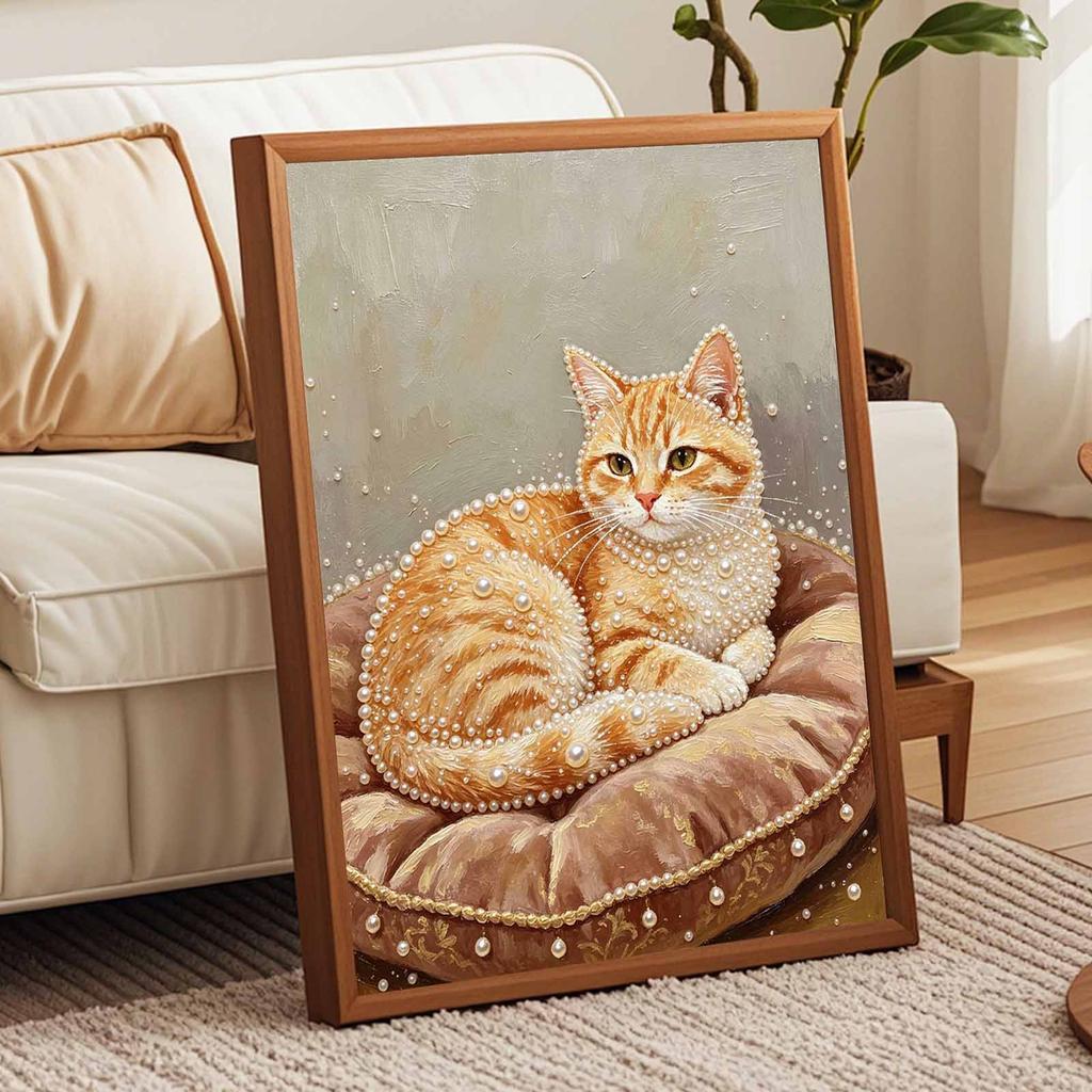 Stretched Frame Pearl Art Kit Cute Orange Cat Pattern DIY Sparkling Bead Canvas Relaxing Hobby Perfect Gift for Craft Enthusiasts Home Decor