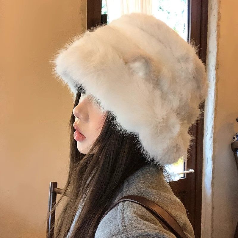 Cute Cat Ears Bucket Hat Women's Winter New Cold and Warm Plush Hat Big Head Circumference Basin Hat