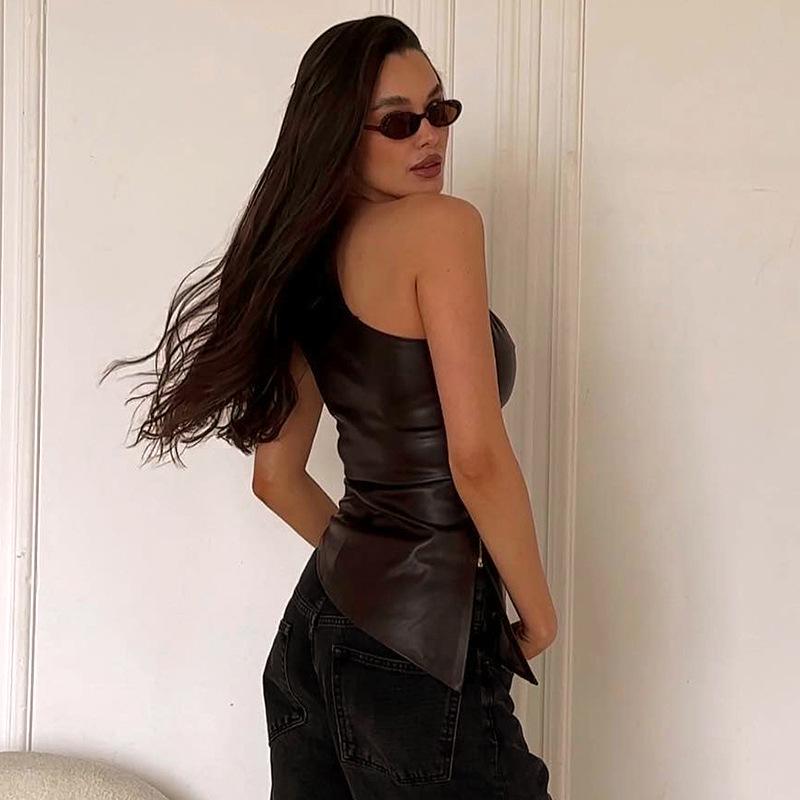 Women's Autumn Solid Color Sleeveless One-Shoulder Zipper Top