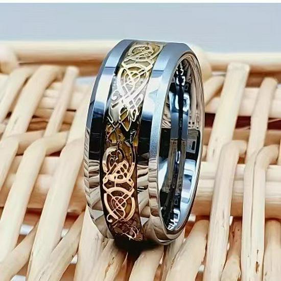 Men's Two-Tone Dragon Pattern Tungsten and Titanium Ring