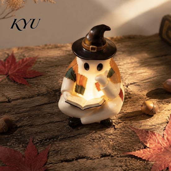 Decoratieve Geest voor Vensterbank Verlichte Vintage Patchwork Geest, Lezende Boek Beeldje, Halloween Lamp Decoratie, Gepersonaliseerde Cadeau Ideeën Schattige Herfst Nacht