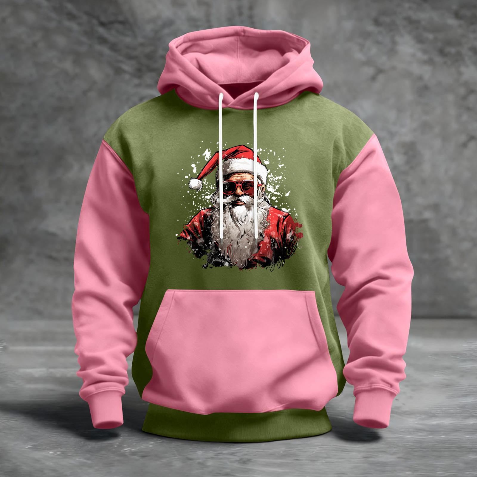 

Мужской рождественский свитшот с капюшоном, повседневный, спортивный, удобный, с цветными блоками и принтом XXL розовый