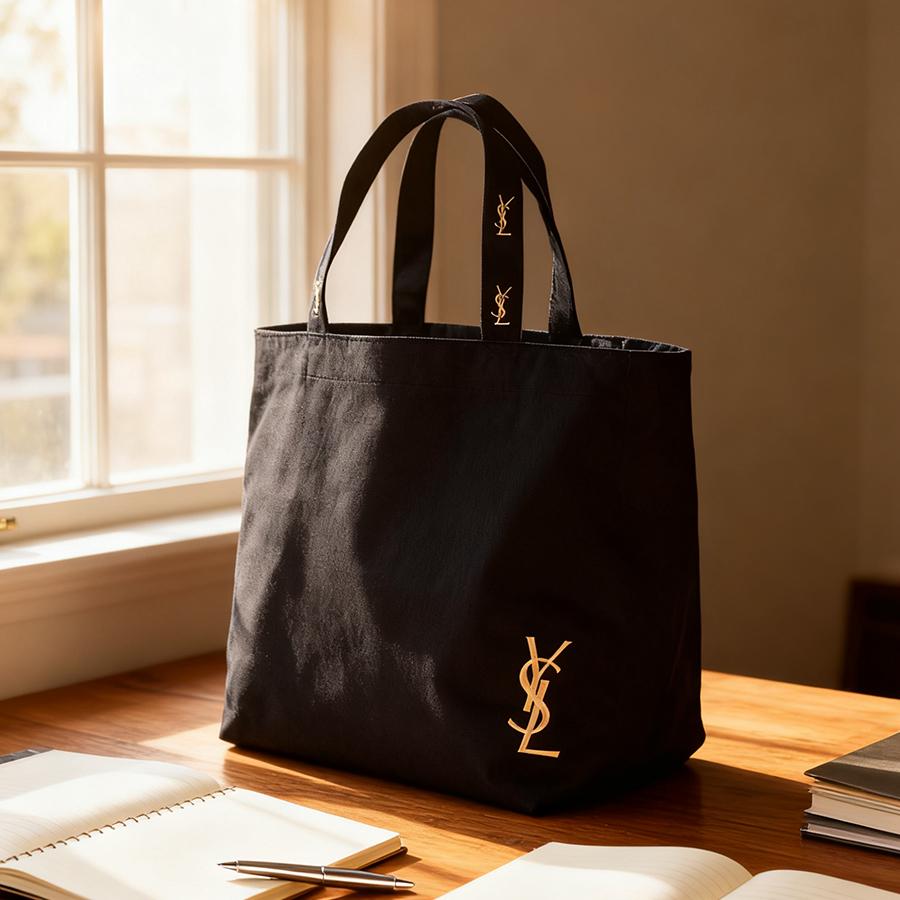 YSL Damska Płócienna Torba na Ramię na Zakupy-Yves Saint Laurent-Przyjazna Środowisku Torba Tote z Czarnym Nadrukiem Literowym