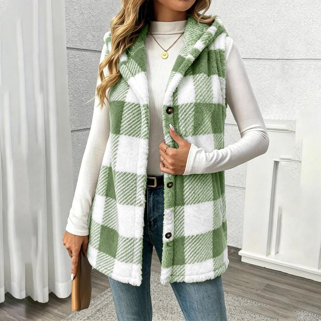 Women's Fashion Plaid Hooded Button-Front Vest Jacket