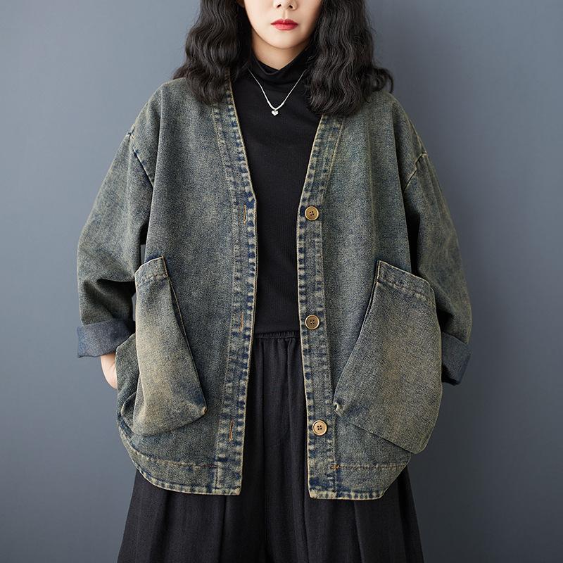 Spring Jacket Coats Women Denim Patchwork Coats Casual Bat Loose Cotton Buttons Oversize Blue Short Jacket