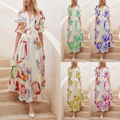 2026 Slim Swing Dress Chiffon Printed Beach Vacation Deep V Temperament Long Dresses Elegant And Beautiful Women's Dresses