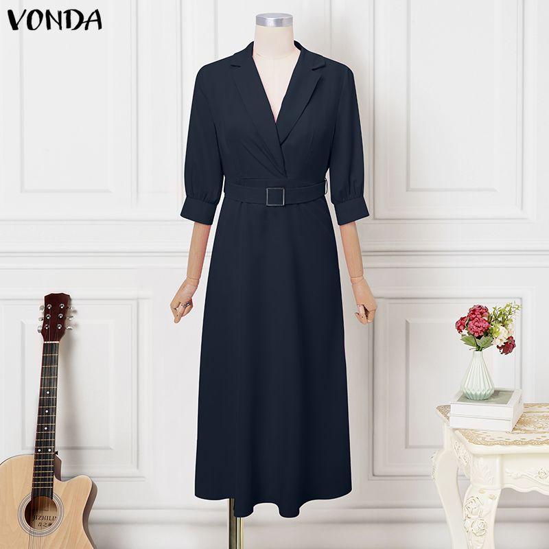 VONDA S-5XL Women V Neck 3/4 Sleeve Slim Waist Elegnat Casual Maxi Dress