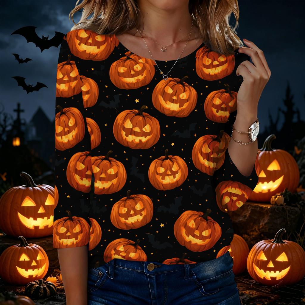 Women's Casual Halloween Print Round Neck Three Quarter Sleeve T Shirt Top Lightweight Comfortable Fit
