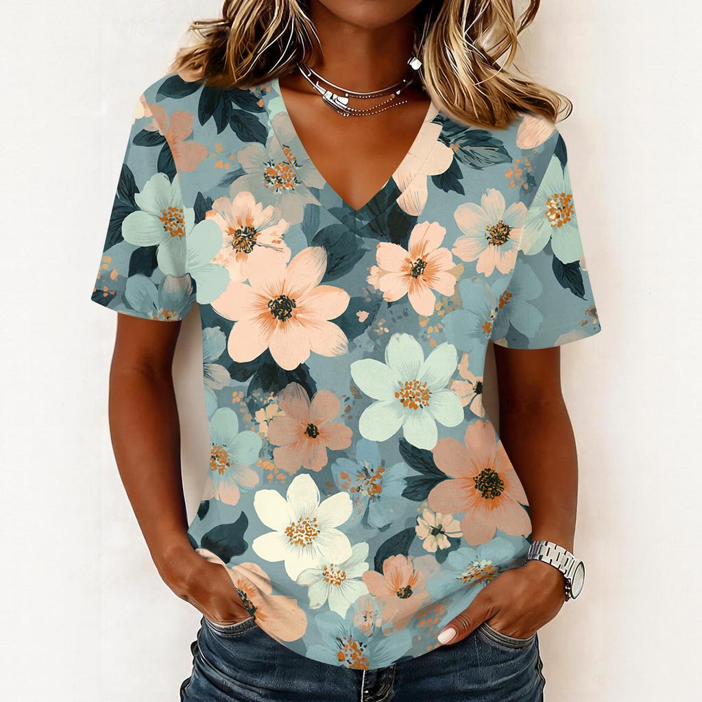 Women's fashionable casual short-sleeved floral print V-neck pullover top