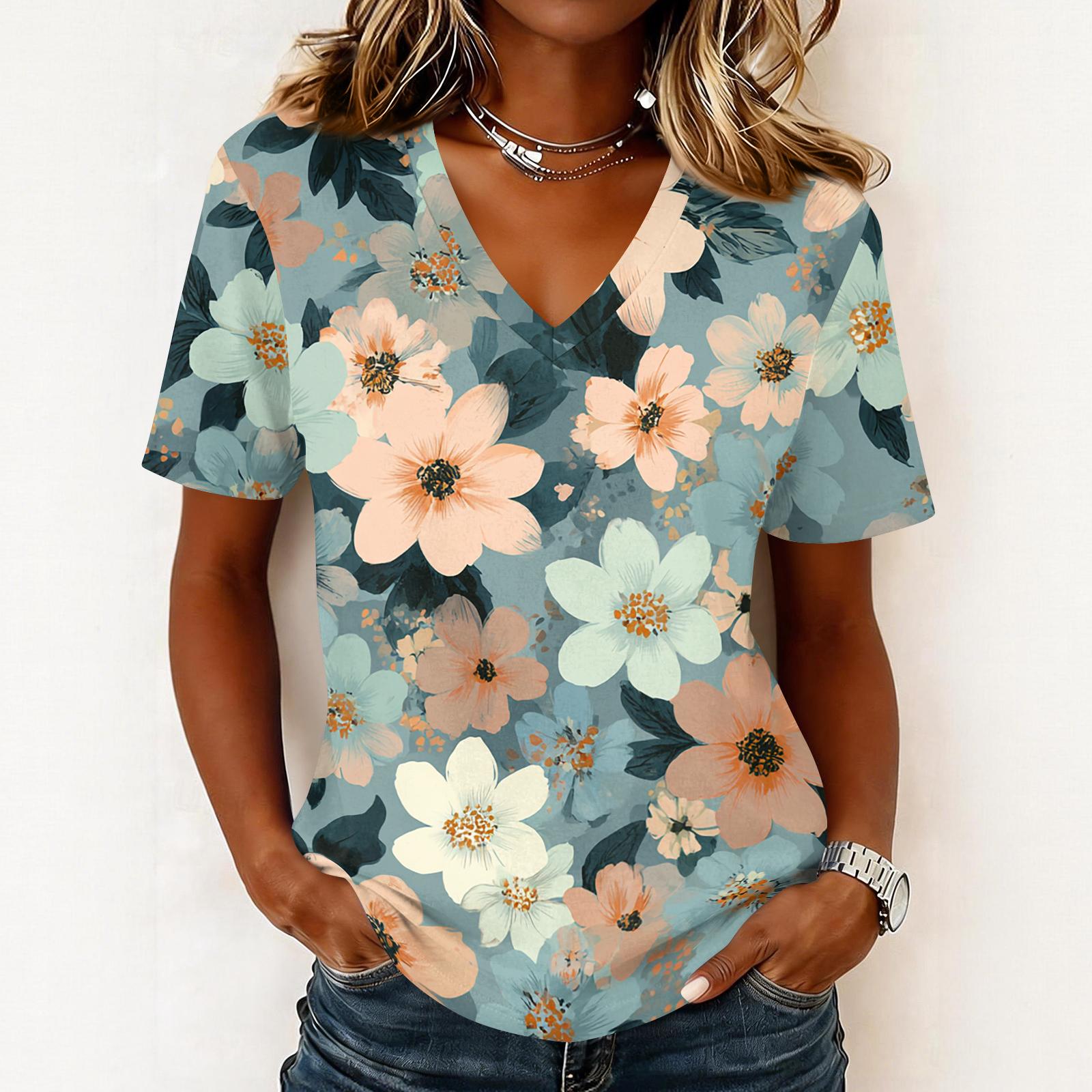

Women’s V Neck Short Sleeve Floral Print T Shirt Casual Loose Fit Lightweight Top for Daily Wear and Outdoor Activities XL