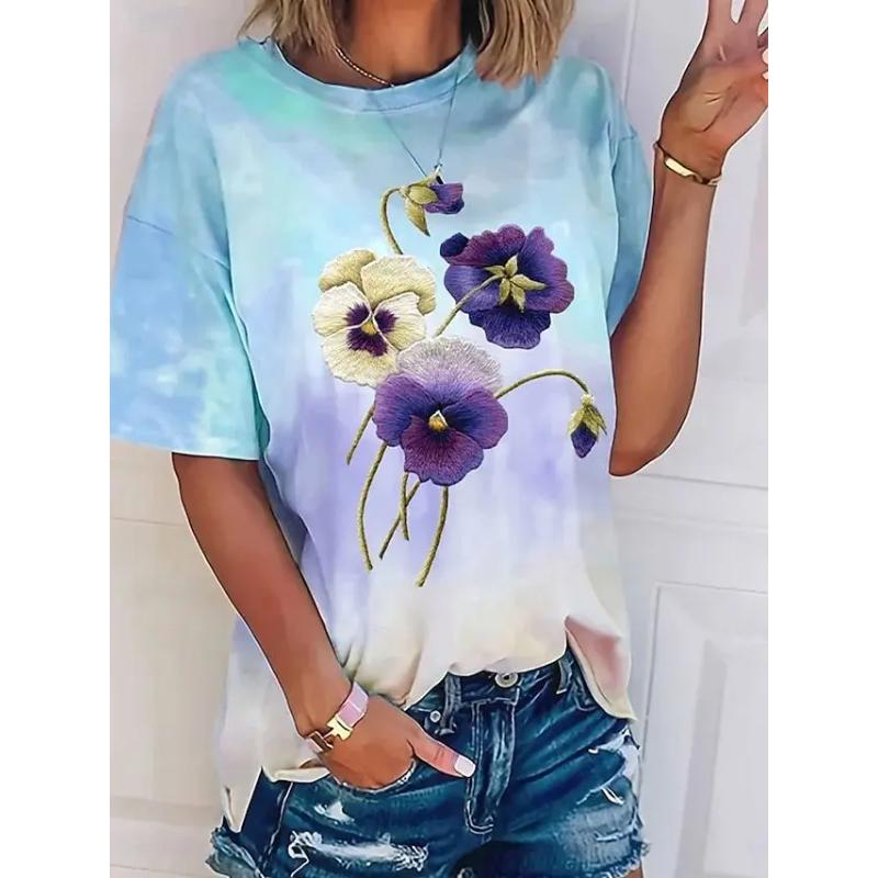 Flower Print Short Sleeve Fashion Versatile Top Comfortable T-Shirts Women’s