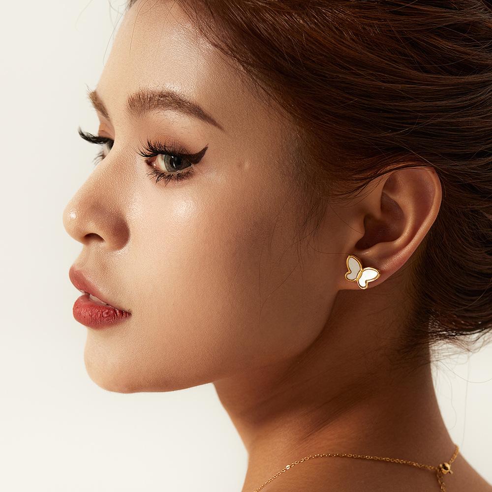 18K gold natural white shell butterfly shape simple stud earrings 14K gold white shell butterfly gold chain stainless steel necklace