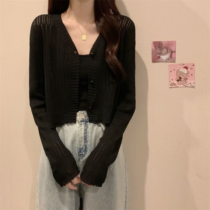 Mushroom Edge V-neck Long Sleeved Sun Protection Cardigan Women's Summer Short Top Thin Outer Layer Jacket