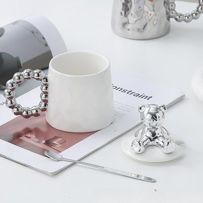 Electroplating Light Luxury Mug Cute Bear Ceramic Cup with Stand Cup Lid Niche Mug Home Office Water Cup