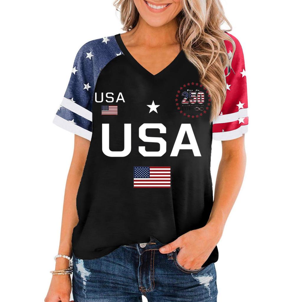 Damen Lässiger V-Ausschnitt Kurzarm Pullover Oberteil USA-Flagge Grafikdruck Leichter Weicher Stoff Lockere Passform T-Shirt