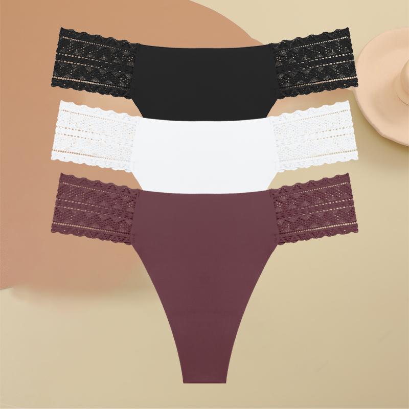 3Pcs Seamless Women Panties Sexy Lace G-string Hollow Out Waist Underwear for Female Solid Thongs Low Rise Lingerie S-XL