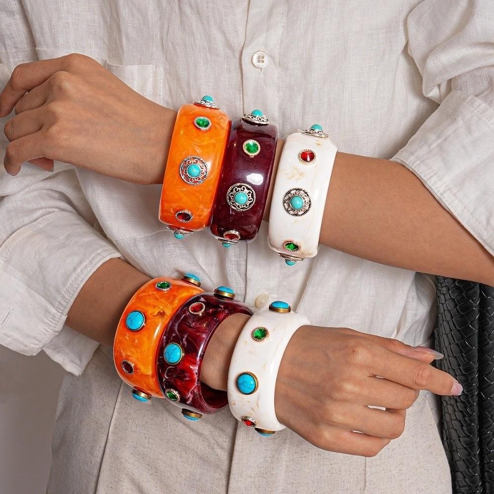 Bohemian Acrylic Rhinestone Bangle Wide Retro Hand Ring Turquoise Acrylic Bracelet  Lady Girls