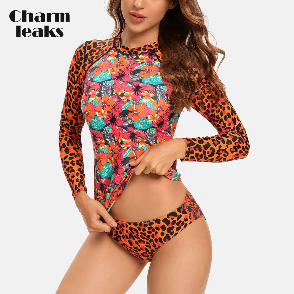

Charmleaks женский купальник из двух предметов с длинными рукавами, одежда для серфинга, цветочный принт, разделенный сыпь, комплект G, купальник UPF 50+ S оранжевый