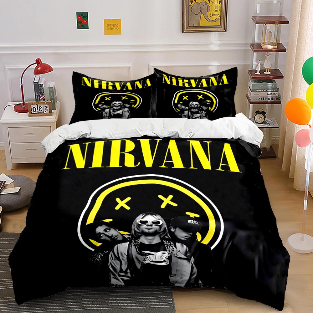 Set Biancheria da Letto Trapuntato Nero Banda Nirvana (1 copripiumino, 2 federe, piumino non incluso)