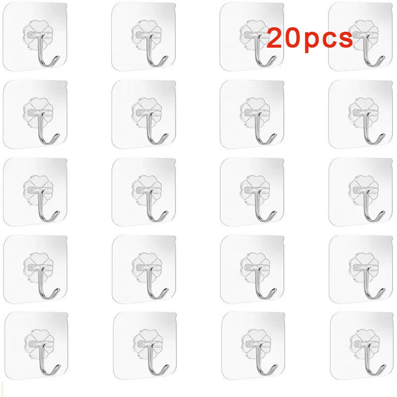 

20 шт./компл. Прозрачные самоклеящиеся крючки из нержавеющей стали для ванной комнаты, хранения одежды, полотенец, липкие крючки, подвеска для ключей, хранение