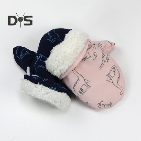 1 Pair Children Winter Mittens Thick Plush-lined Windproof Cartoon Dinosaur Cold Weather Outdoor Gloves Adjustable Fasten Strap Anti-Slip Ski Gloves