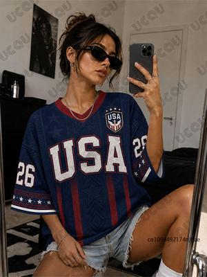 Summer New USA No.26 Print T-shirt For Women V-Neck Short Sleeve Tees Sports Football Jersey Y2K Casual Loose Oversized Tops