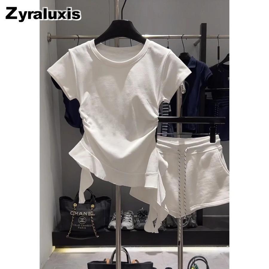Korean Style Crisscross Crop Top Women s Summer Slim Fit Elegant Irregular Ruffle T-Shirt S белый