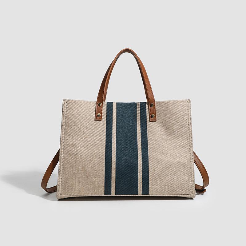 

Women S Portable Tote Bag Fashion Commuter Stripe Simple Shoulder Large Bag Large Capacity Canvas Bag