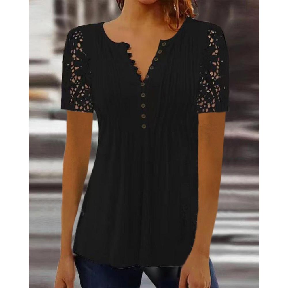 2026 SummerFashion New Women's Clothing Lace Sleeves Pleated Solid Color Button T-Shirt Bottom Shirt