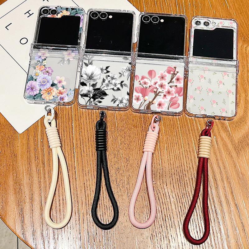 Wrist Strap Lanyard Phone Case For Samsung Galaxy Z Flip7 Flip6 Flip5 Flip 7 FE 6 5 4 3 5G Pink White Flower Pattern Clear Cover