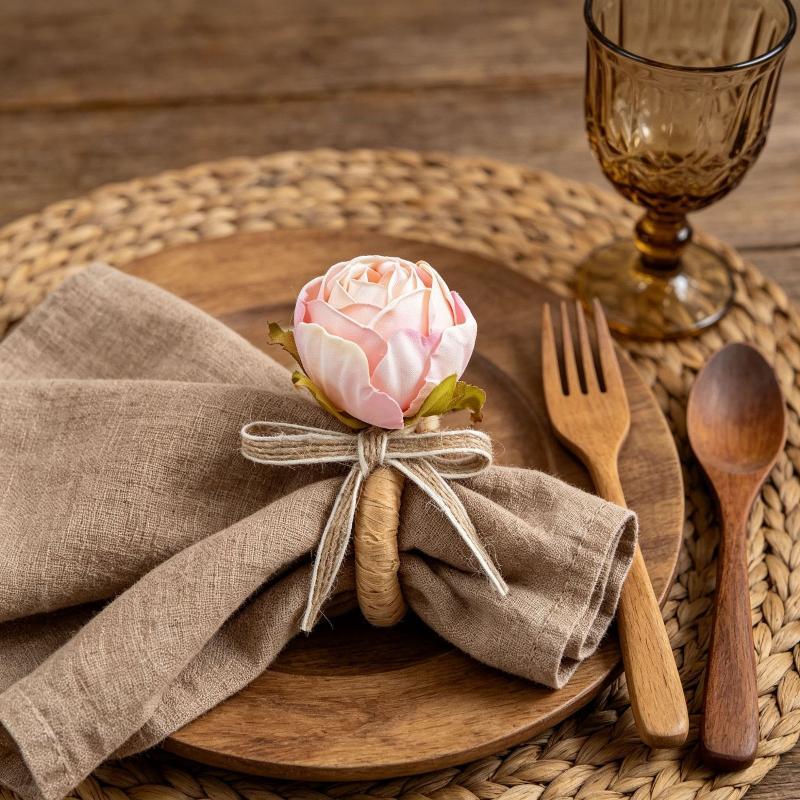 1Pcs Elegant Pink Peony Napkin Rings | Handmade With Burlap And Twine, Ideal For Weddings, Lunches, Picnics,Banquets, Birthdays