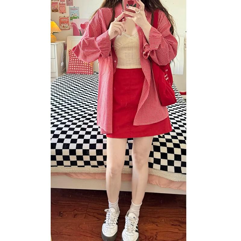 Red Women's Long Sleeve Plaid Cardigan – Spring 2025 Sun Protection Shirt & Coat