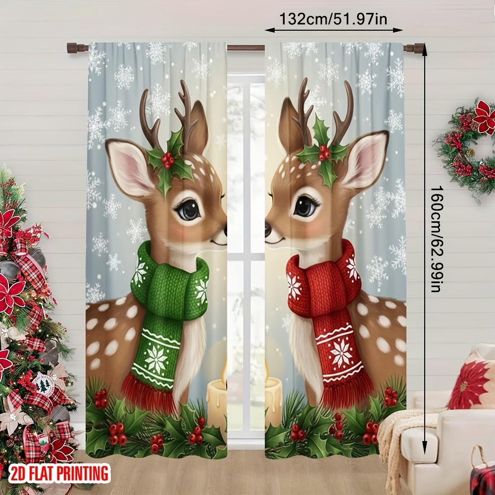 2PCS Christmas Winter Curtains, Cute Christmas Reindeer Snowflake, Digital Print, Bedroom Living Room, Rod Pocket, Home Decor