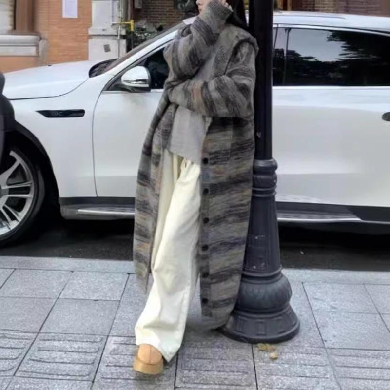 Autumn and Winter New Color Matching Striped Sweater Cardigan Women's Medium and Long Knitted Coat Lazy Loose Hooded Coat
