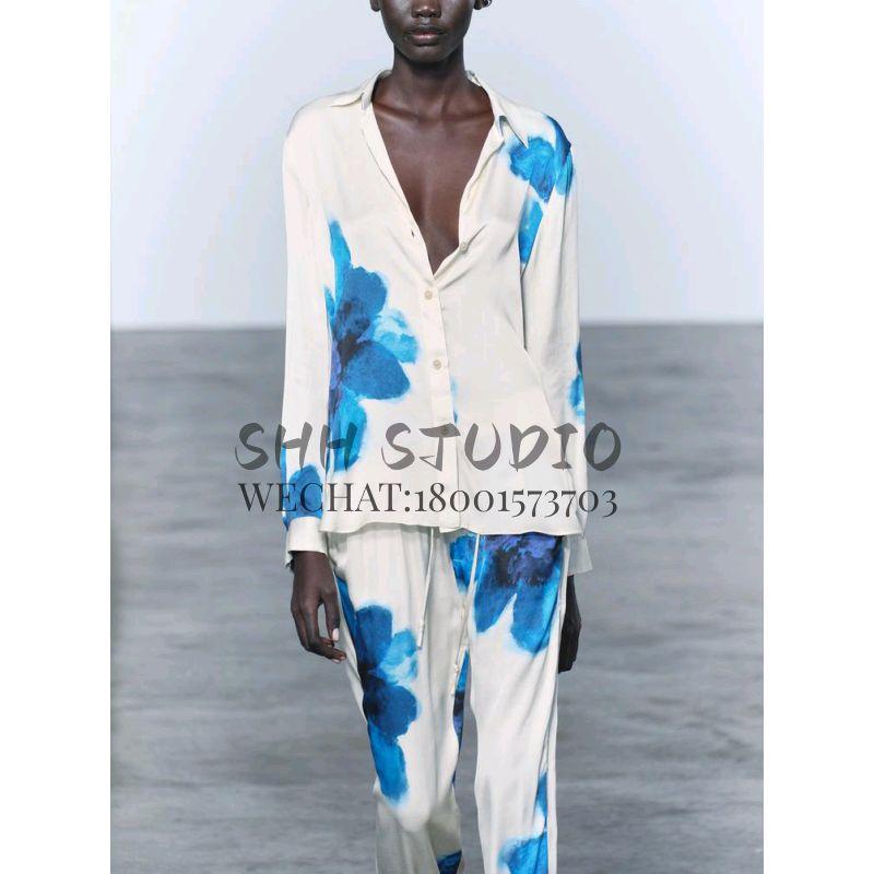 Spring Trendy Print Vertical Shirt 2183040 Pajamas Style Pants 2183041 2183242