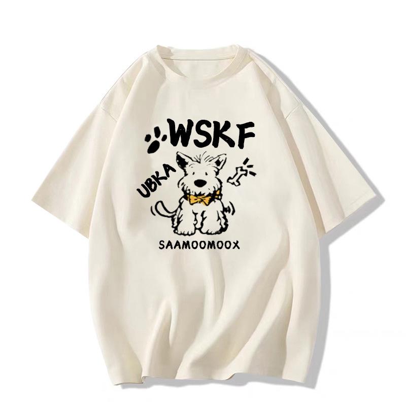 Damski T-shirt z ciężkiej bawełny z nadrukiem retro szczeniaczka, Kolekcja Lato 2025, Luźny krój, Krótki rękaw.