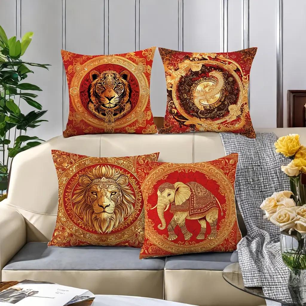 Luxury Red Gold Animal Pillow Covers, Tiger Lion Elephant Dragon Mandala Throw Pillow Cases, Oriental Sacred Animal Home Decor